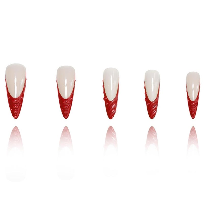 SEENEEY Long Press on Nails Stiletto Fake Nails Red French Artificial Nails with 3D Water Droplets Designs Extra Long Glossy Cute Stick on Nail for Women 24pcs - Image 2